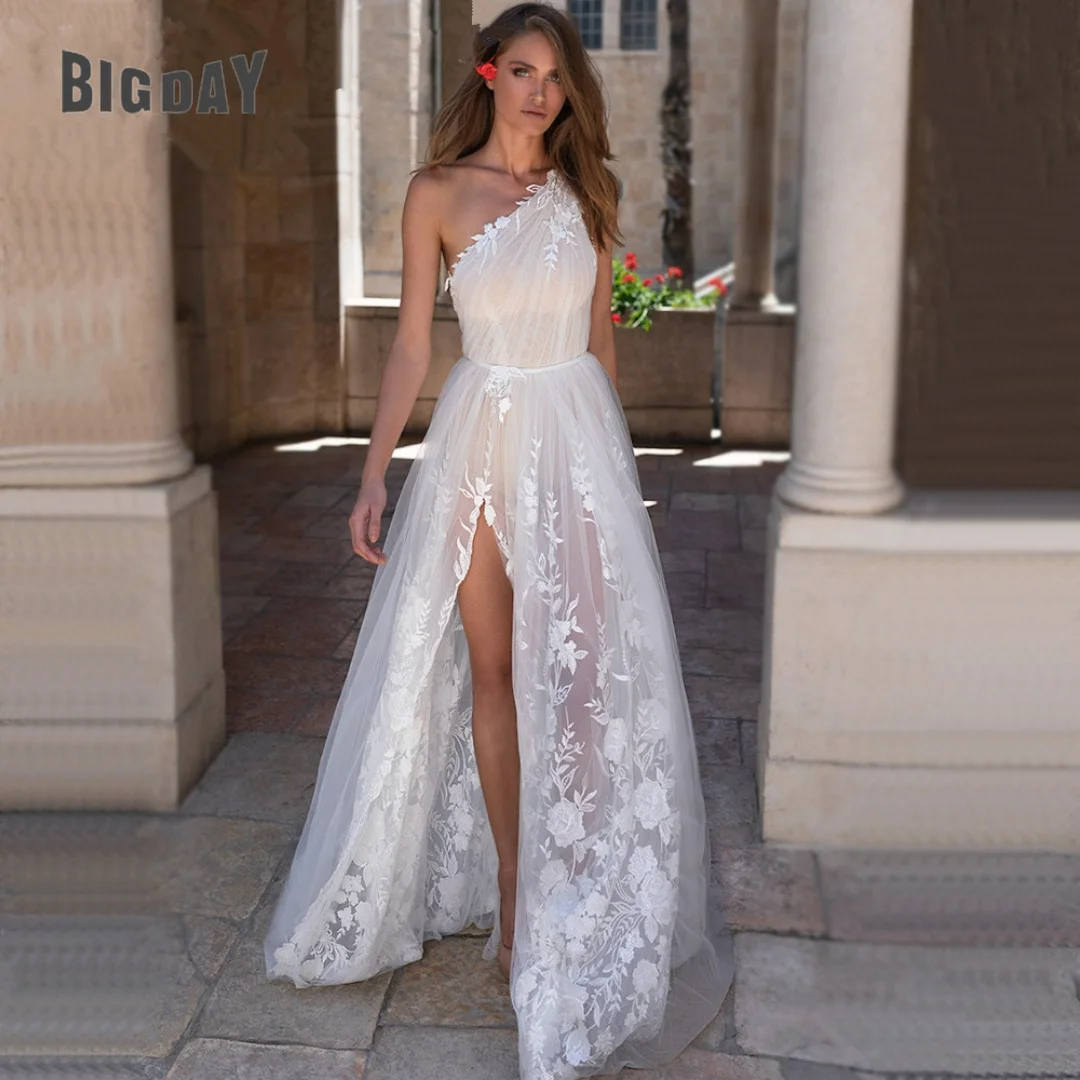 

Exquisite Wedding Dress For Woman High Split Sleeveless Scoop Bridal Gowns Lace Applique Backless One Shoulder Vestido de Novia
