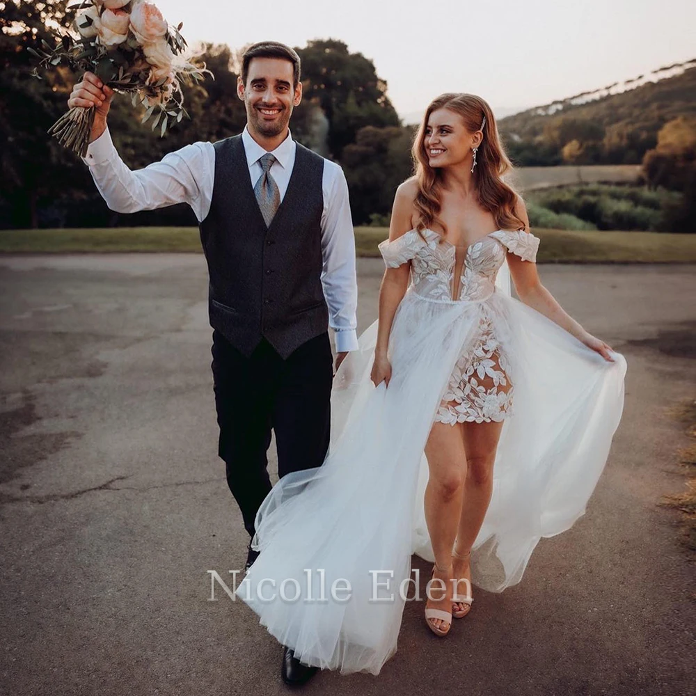 

Nicolle Eden Off The Shoulder Short Lovely Wedding Dresses Lace Appliques Formal Bride Gown Vestido De Casamento Custom Made