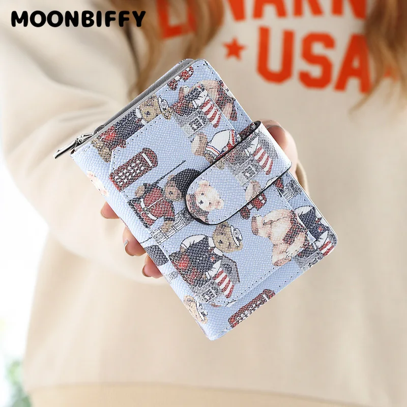 

Женский короткий кошелек, корейский новый милый простой кошелек с мультяшным медведем и пряжкой, маленькие свежие мини-кошельки на молнии д...