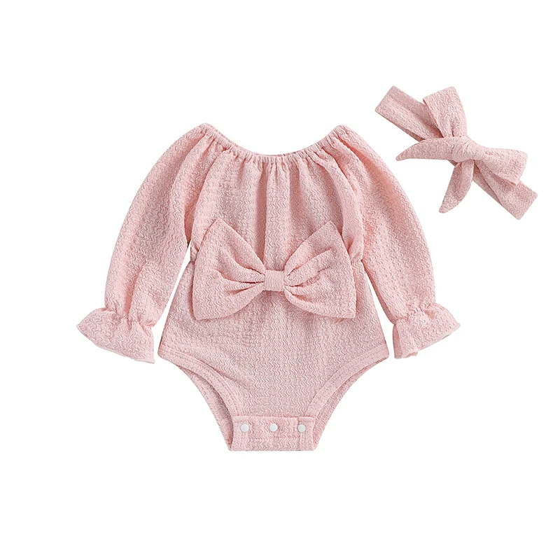 

Infant Girl Rompers Solid Color Boat Neck Bow Long Sleeve Jumpsuits Newborn Clothes Baby Bodysuits with Headband