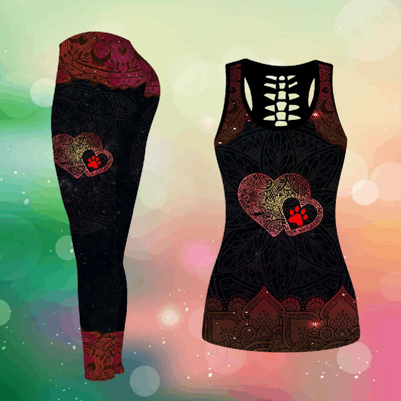 

Paw Heart Mandala 3D All Over Printed Combo Tank + Legging Yoga Pants and Hollow Tank Womens Sport Vest Suits Leisure Suits