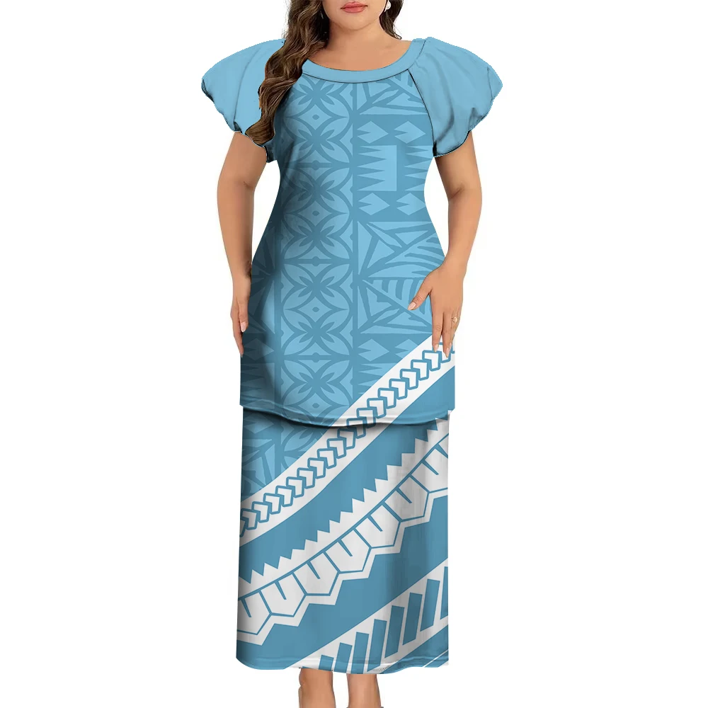 Женское длинное платье с рукавами-фонариками и круглым вырезом