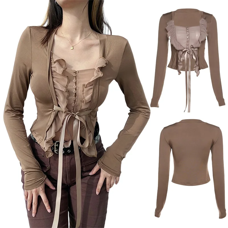 

New Women Square Neck Crop Tops Fashion Long Sleeve Sexy See-Through Ruffles Buttons Tie-Up T-Shirt Spring Slim Fit Cardigan