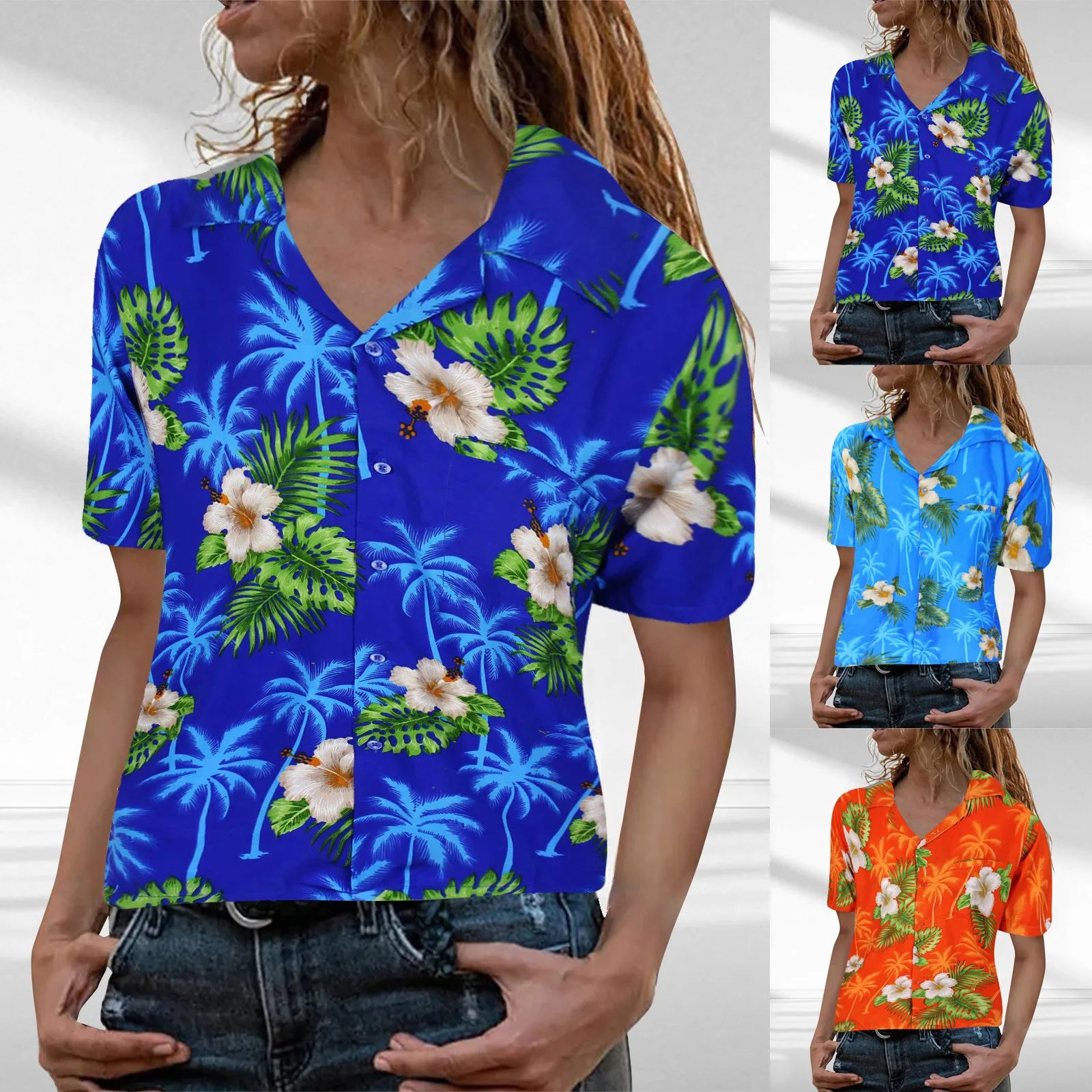 

Hawaiian Prints womens tops and blouses Frontpocket Leaves Flowers Palm Print Top Female V-Neck Tops Beach camisa feminina