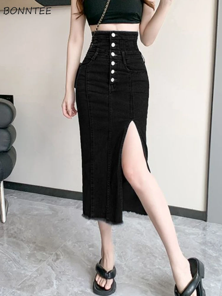

Skirts Women Slim Slit Denim Elegant Korean Style Empire Midi Faldas Summer Sexy Retro All-match Causal Popular Tender Ladies