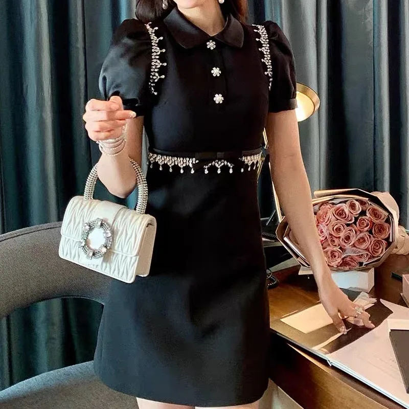 

2023 Spring/summer New Women Dress MIU Short Sleeved Black Heavy Industry Diamond Inlaid Slim A-line Above Knee Mini with Tag