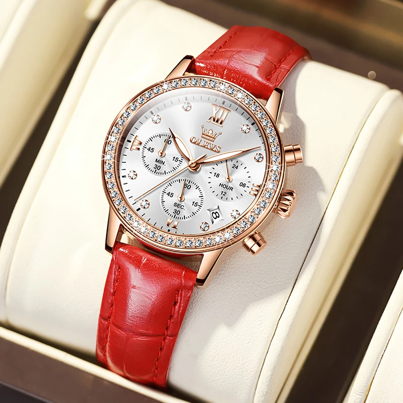 OLEVS Woman Watch Inlaid Diamond Luxury Brand Fashion Quartz Wristwatches Leather Waterproof Watch For Women Ladies Bracelet enlarge