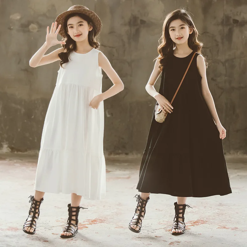 

2022 Summer Children Sleeveless Casual Dress Girls Cotton Clothing Long Style Kids Beach Dress A069