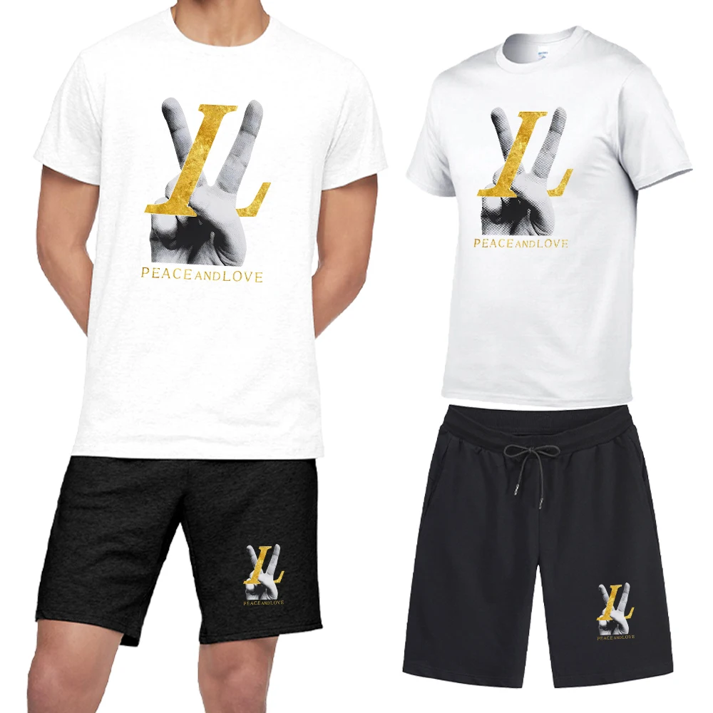 

Summer Men's Tracksuit Peace and Love Print Short Sleeve Cotton T-Shirt+Shorts 2 Pcs Fashion Clothes Male Sportswear Trend New
