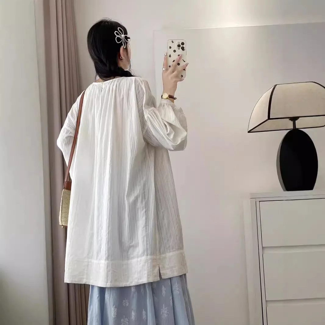 Женская хлопковая рубашка с длинным рукавом полосатая блузка круглым вырезом