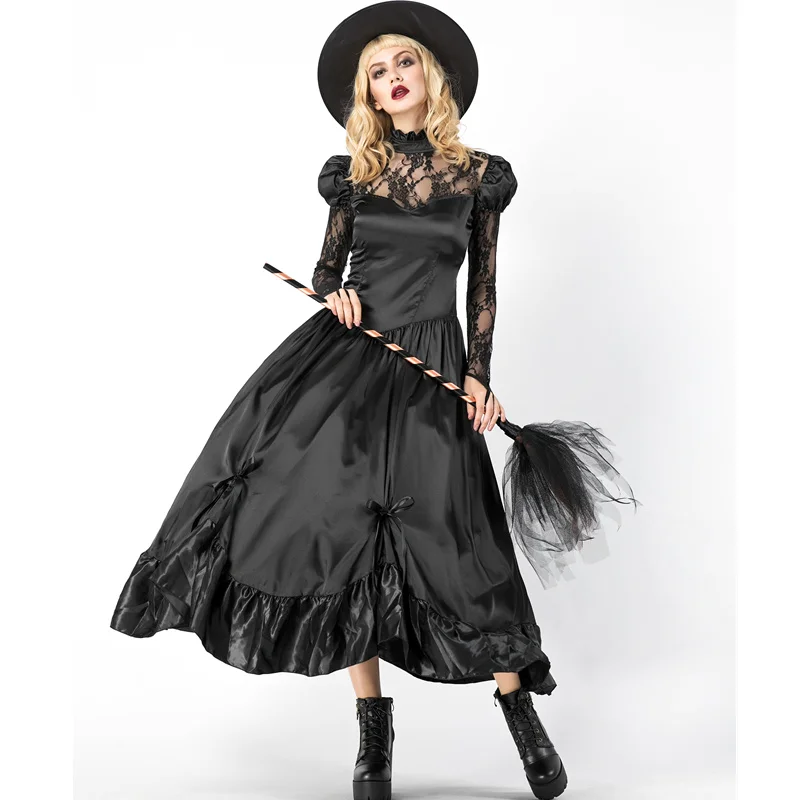 

Сексуальный костюм ведьмы для взрослых женщин, волшебный костюм ведьмы, черное кружевное платье, платье, халат, одежда для Хэллоуина