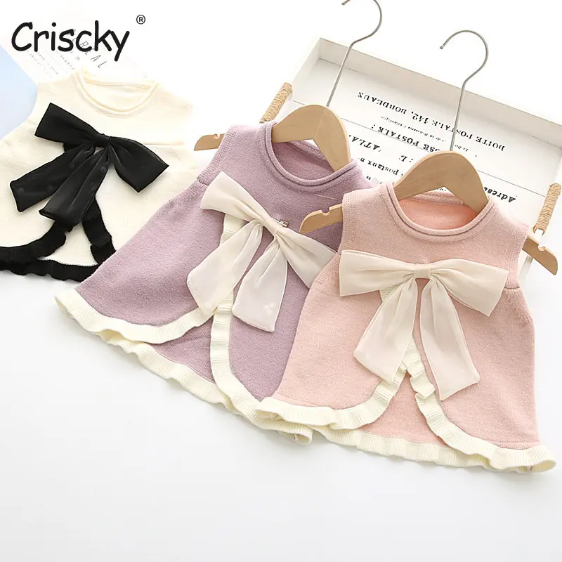 

Criscky Autumn Korean Style Baby Girls Knitted Sleeveless Pullovers Tops Kids Soft Cotton Waistcoats Warm Sweaters Clothes