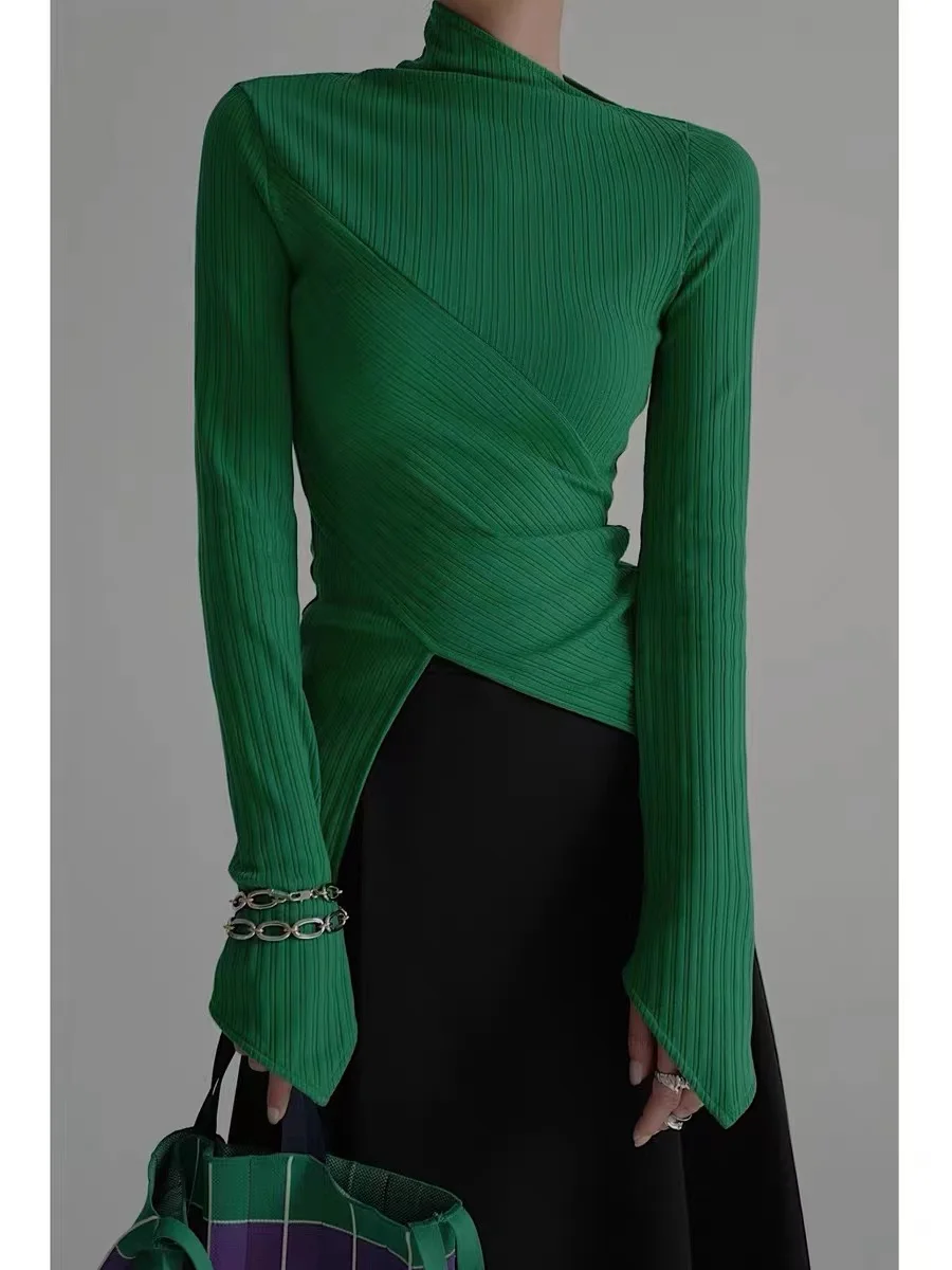 

SuperAen 2022 Spring Fashion Solid Full Knitted Bottom Tops Asymmetrical Casual Woman Tshirts