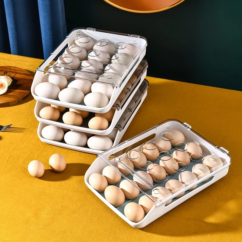 

2021 New Automatic Rolling Egg Box Kitchen Items Refrigerator Storage Organizer Household Transparent Drawer Tray Space Saver