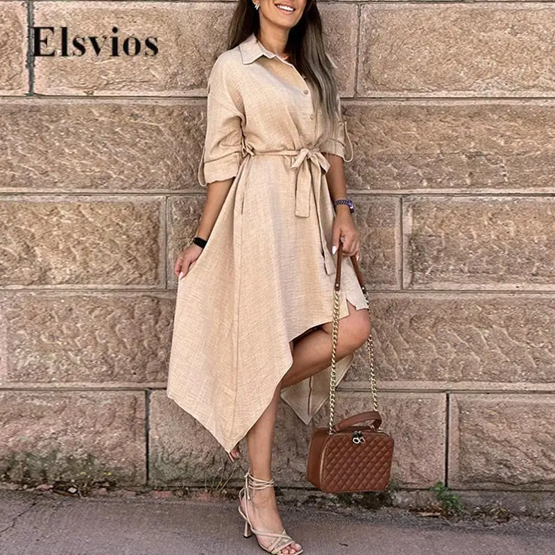 

Новое повседневное модное свободное платье-рубашка на шнуровке, элегантное весеннее женское ТРАПЕЦИЕВИДНОЕ ПЛАТЬЕ, Осеннее регулируемое платье с длинным рукавом, платье без узора