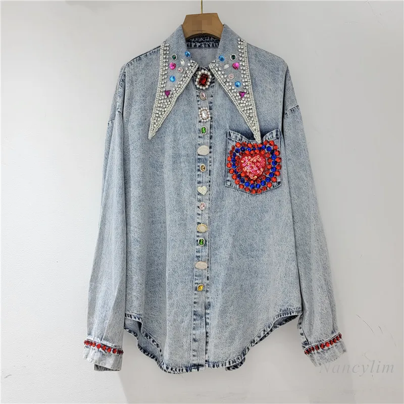 

2022 Village Denim Jacket Women New Industry Beads Colorful Diamond Pointed Collar Loose-Fitting Outerwear Jean Coat Lady Street