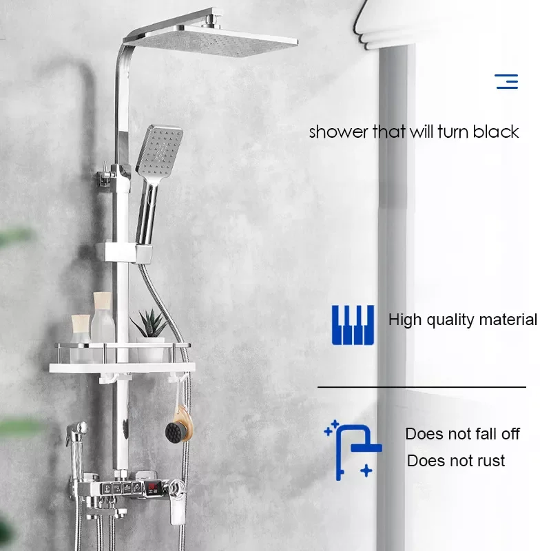 

Long Spout Display Thermostatic Black Shower Faucet Set Rainfall Bathtub Tap With Bathroom Shelf Water Flow Produces Electricity