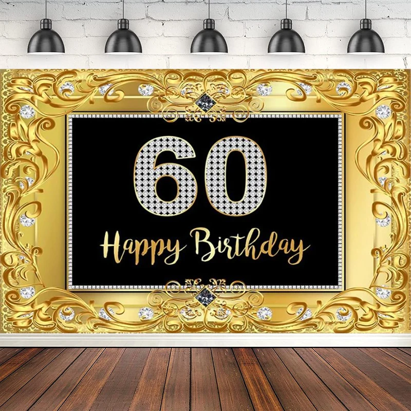 

Gold Glitter Photography Backdrop Adult Theme Party Decor Banner 60th Sixty Happy Birthday Photo Background Photocall Poster