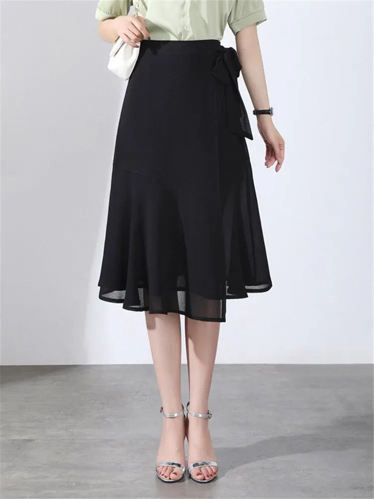 

Women Skirt Fashion Elegant Zipper High Waist Black Chiffon Spliced Slim Casual Office Lady Knee-length Work Skirts M-4XL 5512