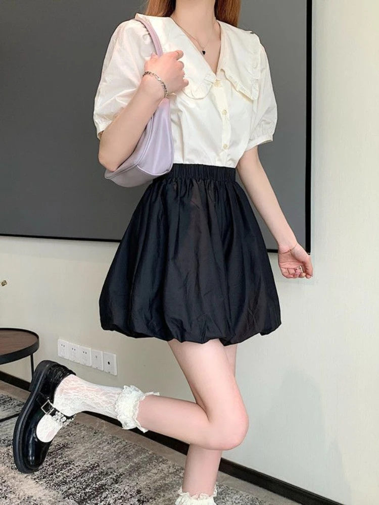 ADAgirl Black Bloomers Elastic Wasit A-line Mini Shorts Skirts Summer Casual Classic Korean Fashion Cute Solid Balletcore Bottom