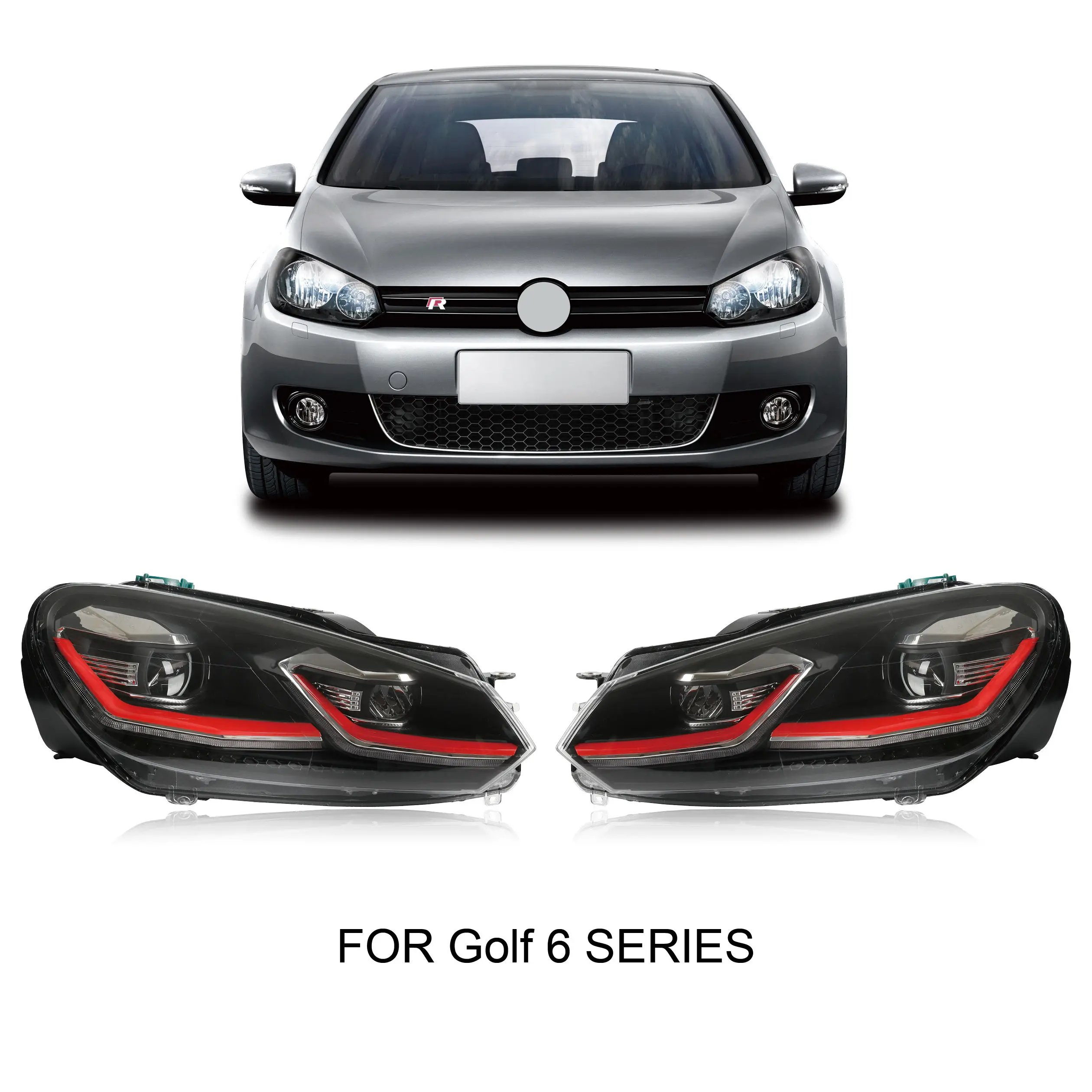 Фото Комплект передних светодиодных фар (левая + правая) для Volkswagen Golf 6 GTI 2009-2013, аналог F139, для дневного ходового освещения №1