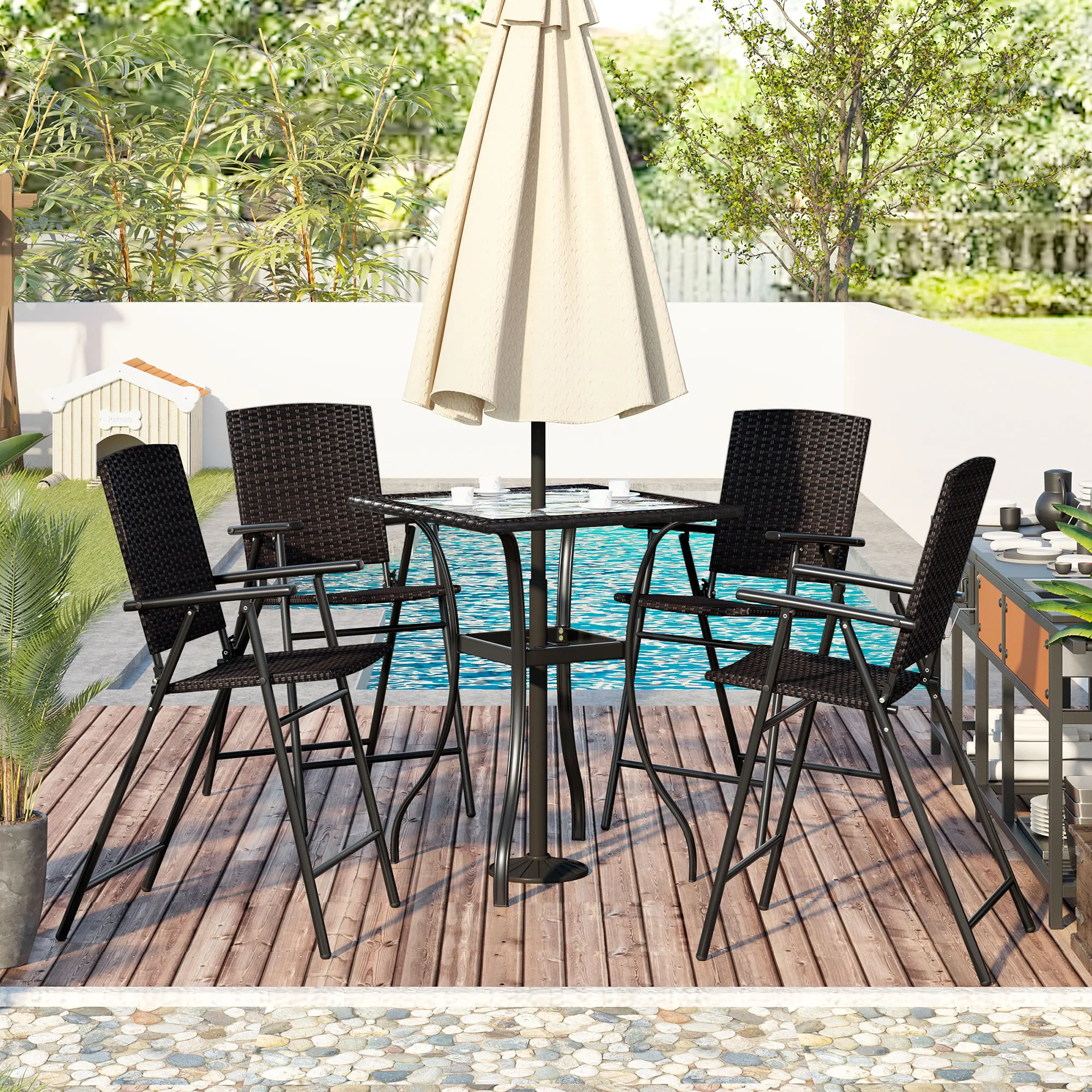 Set Outdoor Patio Pe Wicker 5-piece Counter Height Dining Table Set With Umbrella Hole And 4 Foldable Chairs