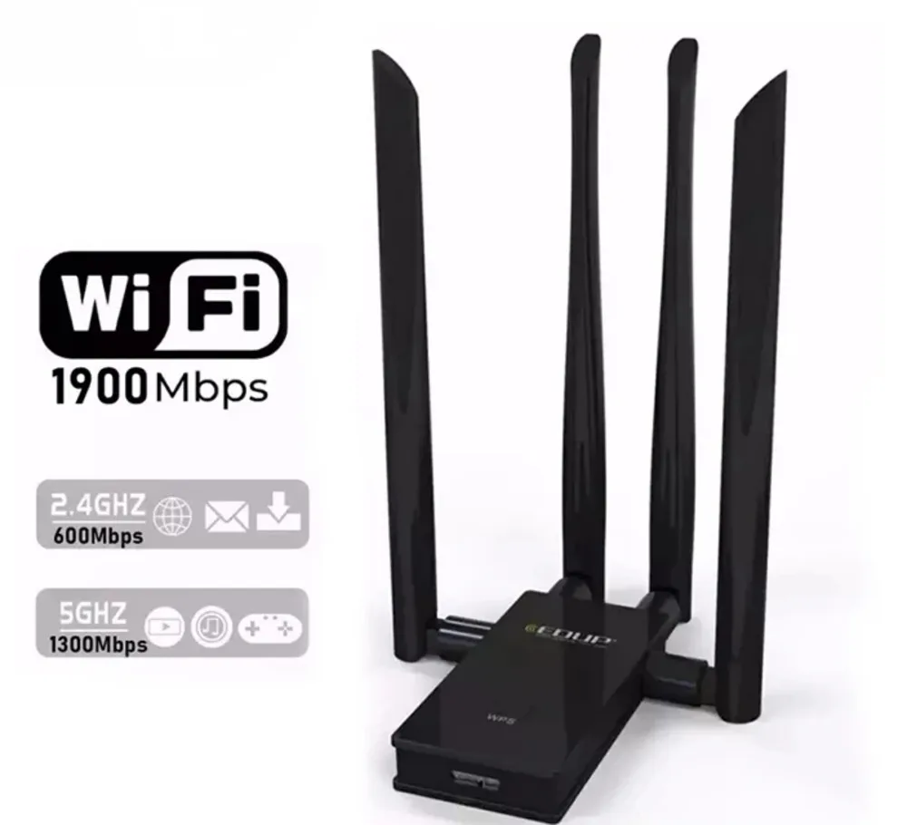 

USB Wi-Fi адаптер EDUP 1900 Мбит/с, 3,0/2,0, 2,4/5 ГГц, 4 антенны 6 дБи