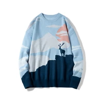 spring mens anime knitted sweaters cotton vintage moose oversized sweaters landscape harajuku streetwear pullovers men clothing