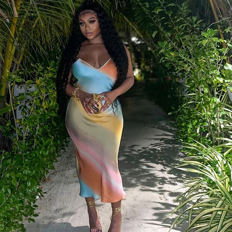 

2023 elegant casual dress,Ins style spring and summer new temperament sexy long skirt V-neck backless rainbow printing suspende