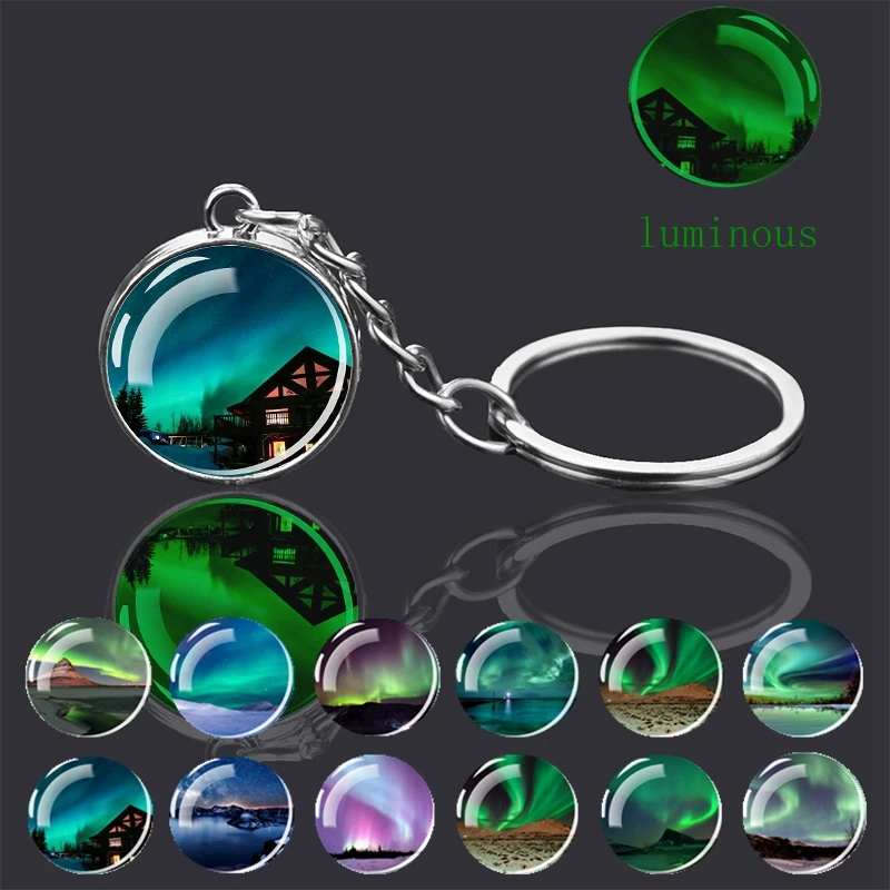 

Northern Lights Glass Ball Keychain Glow At Night Aurora Keychain Luminous Kabochon Jewelry Double-sided Keychain