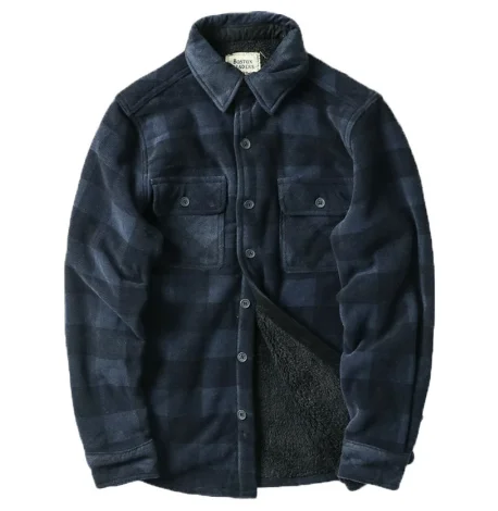 Winter Men Shirt Warm Long Sleeve Shirt Jacket Fleece Plaid Flannel Shirt Outdoor Thermal Casual Coat Hiking Fishing Shirt