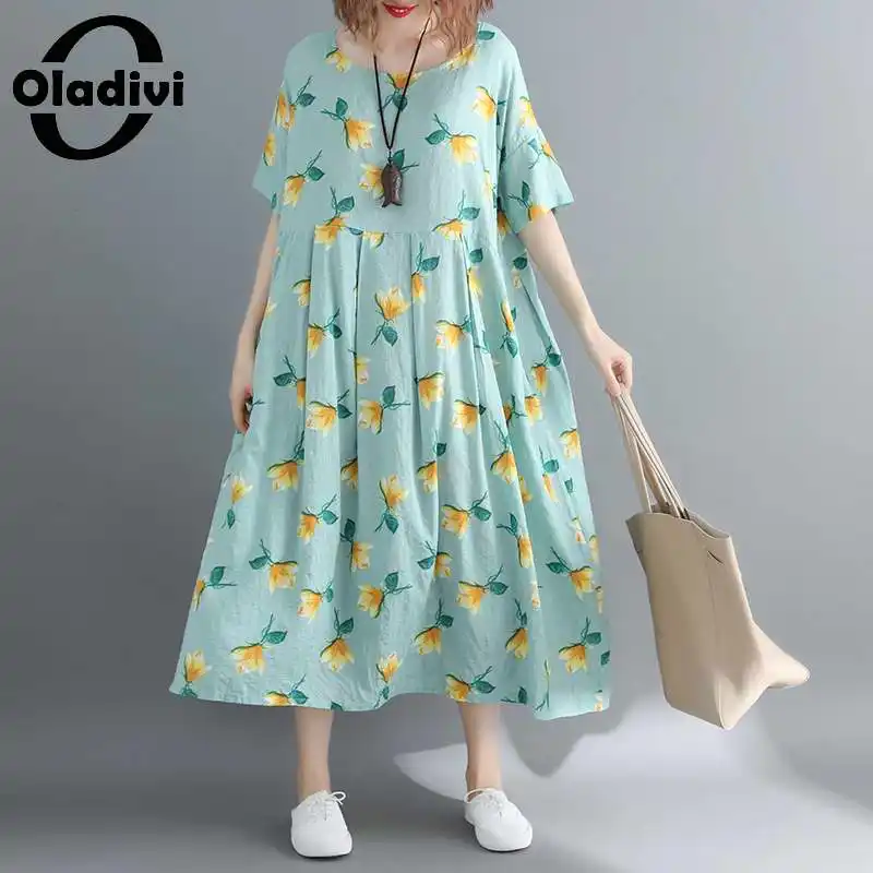 

Oladivi Oversized Fashion Flower Print Long Dress Women Summer Boho Beach Wear Casual Loose Dresses Ladies Tunics Robe Vestidios