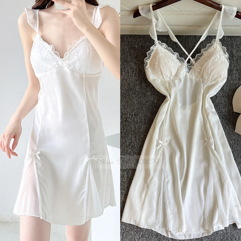 

New Sexy Spaghetti Strap Nightdress Summer Women Sleepwear Nightgown Sweet Lotus Leaf Lace Trim Nightwear Intimate Lingerie