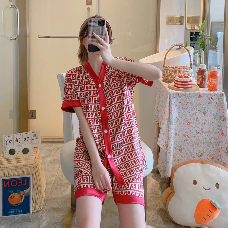 Women's Pajama Set Luxury Fashion Cross Letter Print Short Sleeve Pajamas Silky Casual Loose Loungewear Ladies Sexy Pajamas
