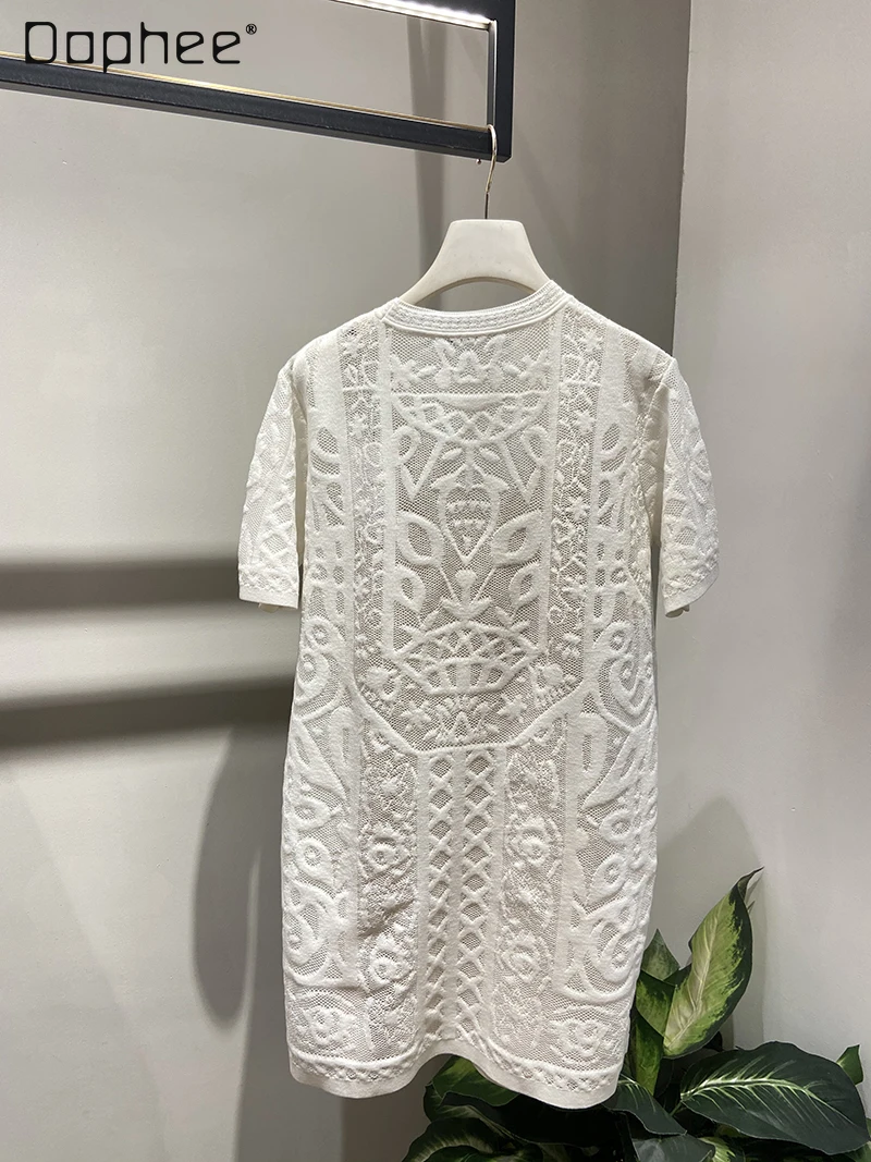 2022 Summer New Graceful Women Hollow Embroidered Clothes All-Matching French Lace Dress Women's Knitted Dresses Two-Piece Set