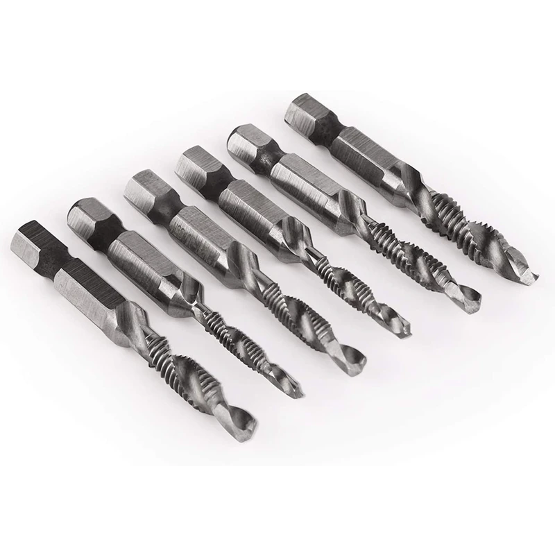 

6Pcs Drill Tap Set Hex Shank SAE Combination Drill And Tap Bit Set HSS 4341 Screw Tap Deburr Drill Bit