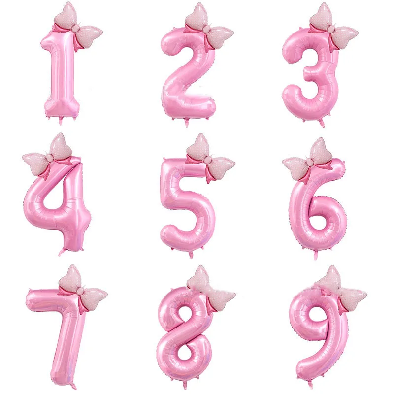 

40inch Pink Bownot Balloons Baby Girl Birthday Number Ballons One 1st 2nd 3rd Happy Birthday Party Decor Kids Girls Foil Baloon