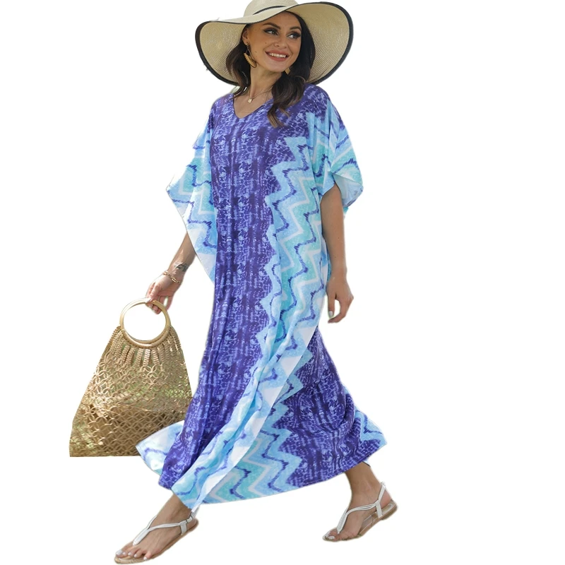 

J78E Women Holiday Beachwear Turkish Kaftan Boho Multicolor Geometric Striped Printed Swimsuit Cover Up V-Neck Loose Maxi Dress