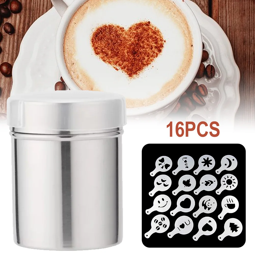 

1pc Stainless Steel Chocolate Shaker Cocoa Flour Coffee Sifter+16Pcs Coffee Template Strew Flower Pad Spray Art Coffee Tools