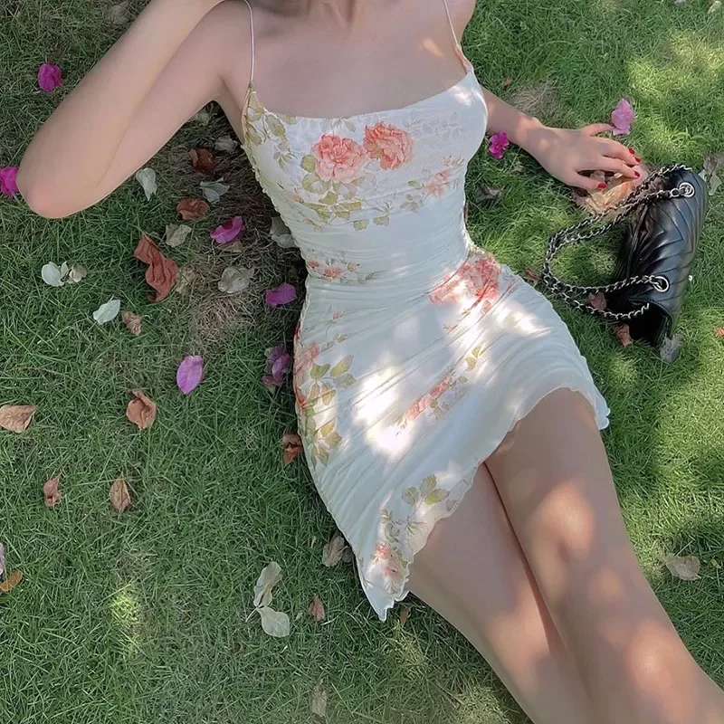 

2000s Women Floral Mini Dress y2k Aesthetic Sleeveless Ruffles Hem Kawaii Sundress Sexy Sweet Girl Fairycore Dresses