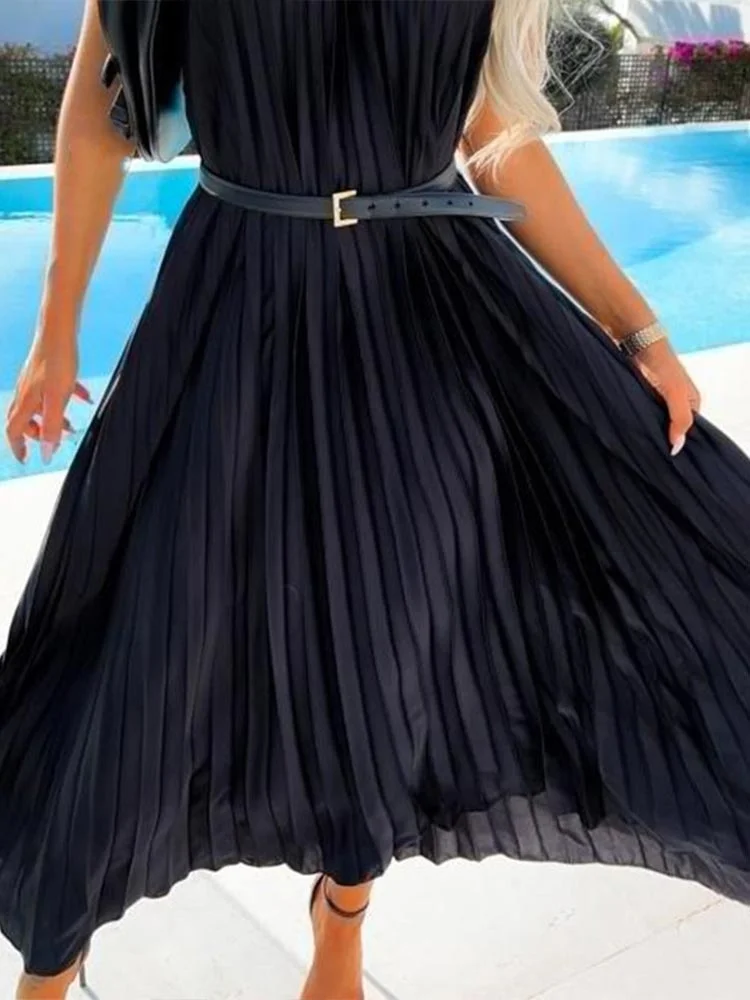 

Женское богемное длинное плиссированное платье-комбинация 2022, женское летнее Повседневное платье с лямкой на шее, без черного цвета, с поясом на талии, одежда для курорта