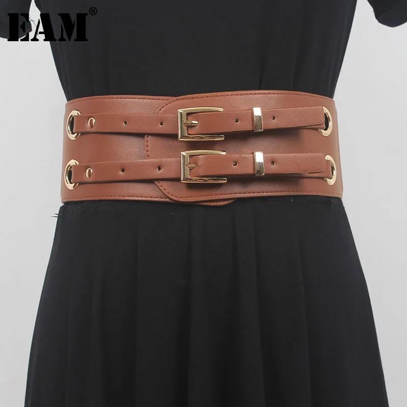 

[EAM] Pu Leather Camel Metal Buckle Wide Casual Belt Personality Women New Fashion Tide All-match Spring Autumn 2023 1DH0011