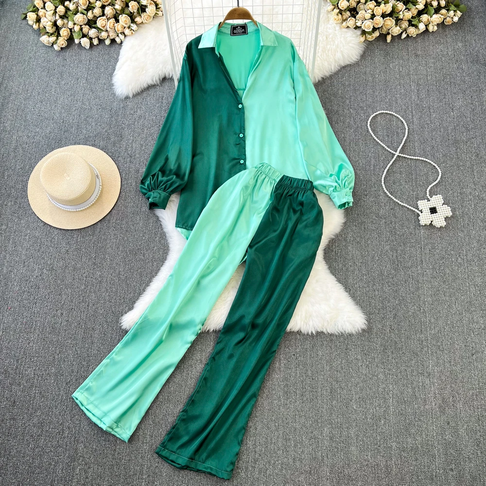 

Fashion Suit Female Senior Sense Temperament Bump Color Loose Long Sleeve Shirt + High Waist Slim Wide Leg Pants Two Sets