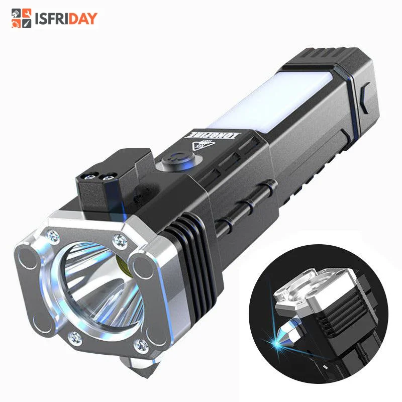

Multifunctional LED Flashlight With Safety Hammer USB Charging Outdoor Torch Light Portable Lantern for Adventure Camping