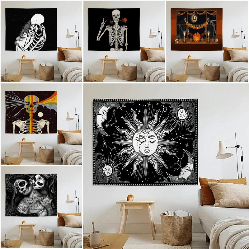 

Постельное белье Tarot, покрывало на кровать с изображением черепа, солнца, луны, эстетическое комнатное одеяло, гобелен, коврики для пикника в...