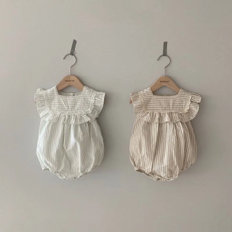 

2022 Summer New Baby Girl Bodysuit Ruffles Sleeveless Princess Clothes Cute Infant Girl Striped Jumpsuit Toddler Onesie 0-24m