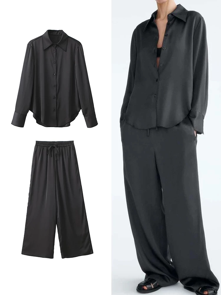 Spring Satin Texture Loose Sleepwear Women's Silk Black Pajamas Set 2 Pieces Long Sleeve Pants Casual Pijamas Women Home Suit