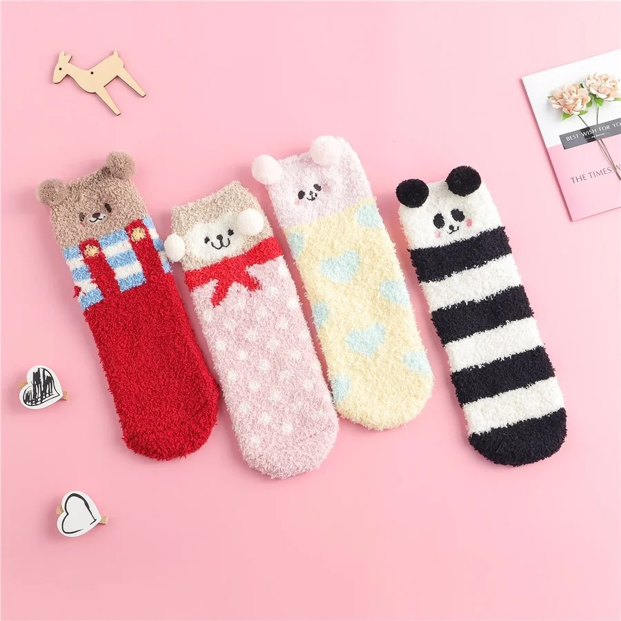 Kawaii Women Short Sock Set Winter Cute Funny Cartoon Animal Panda Ladies Plush Floor Slipper Comfy Fluffy Fuzzy Sock Designer