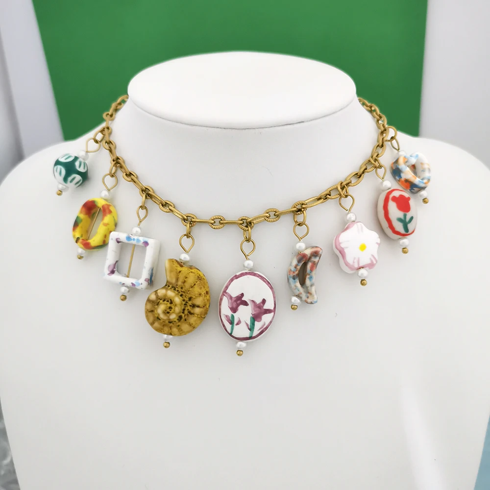 QMHJE Ceramics Pendant Charm Fish Heart Flower Conch Moon Square Tulips Stainless Steel Geometric Imitation Pearl Oval Wholesale