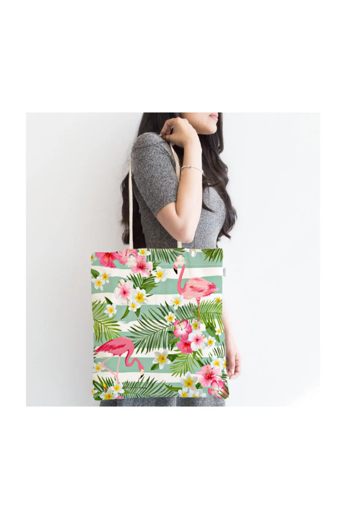 

Women Beach Bag Flamingo Pattern Digital Printed Modern Zipper Fabric Tote Bag Fashion Summer Large Shoulder Shopping Bags